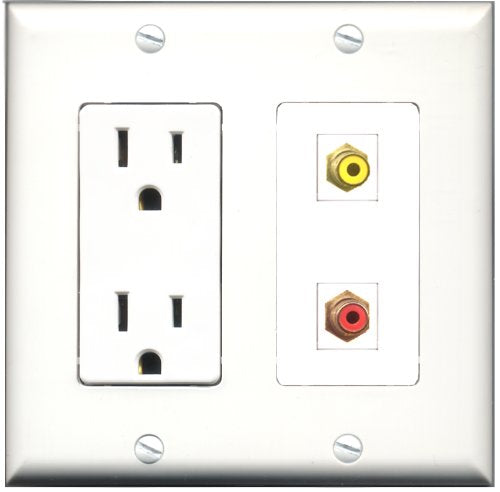 RiteAV - 15 Amp Power Outlet and 1 Port RCA Red and 1 Port RCA Yellow Decorative Type Wall Plate White