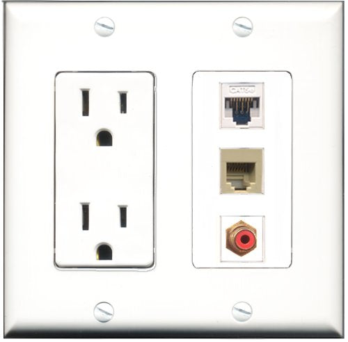 RiteAV - 15 Amp Power Outlet 1 Port RCA Red 1 Port Phone Beige 1 Port Cat5e Ethernet White Decorative Wall Plate