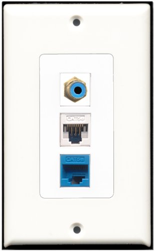 RiteAV - 1 Port RCA Blue 1 Cat5e Ethernet White 1 Cat5e Ethernet Blue Wall Plate Decorative