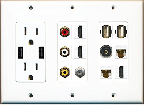 RiteAV - (3 Gang) Outlet With 2-USB 3 HDMI Coax 2 Cat6 Composite Toslink 2 USB Wall Plate (USB Charger)