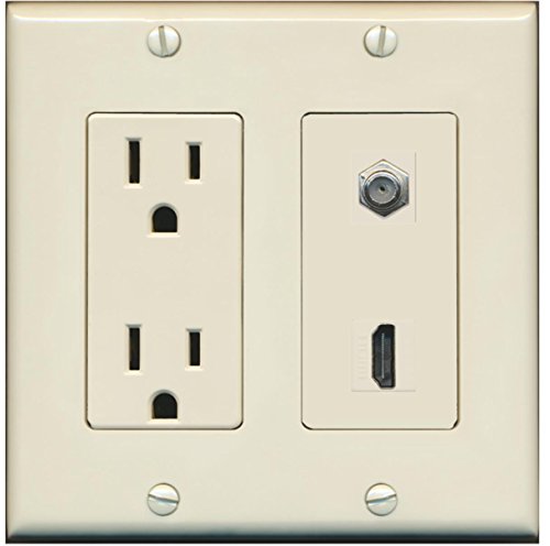 RiteAV - 15 Amp Power Outlet and 1 Port HDMI Coax Cable TV- F-Type Decorative Wall Plate - Light Almond