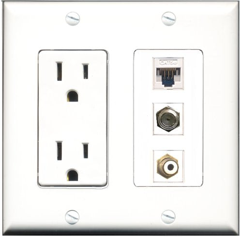 RiteAV - 15 Amp Power Outlet 1 Port RCA White 1 Port Coax 1 Port Cat5e Ethernet White Decorative Wall Plate