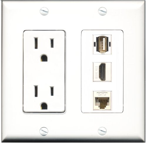 RiteAV - 15 Amp Power Outlet 1 Port HDMI 1 Port USB A-A 1 Port Cat6 Ethernet Ethernet White Decorative Wall Plate