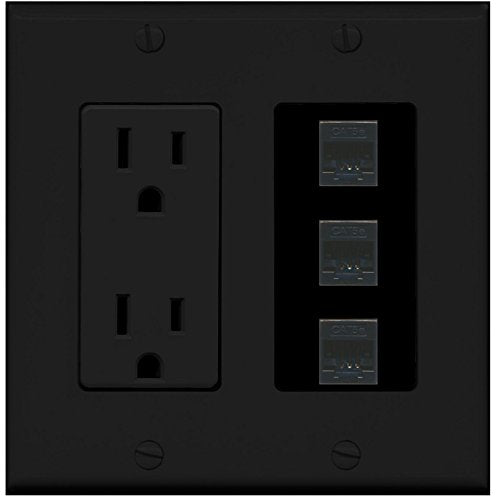 RiteAV (2 Gang Decorative) 15A Power Outlet 3 Cat5e Black Wall Plate Black