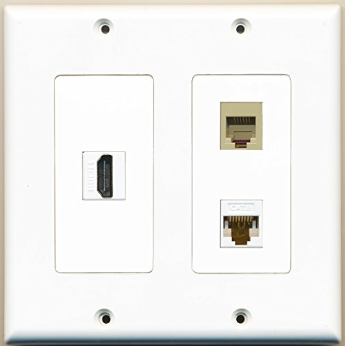 RiteAV - 1 Port HDMI 1 Port Phone RJ11 RJ12 Beige 1 Port Cat6 Ethernet White - 2 Gang Wall Plate