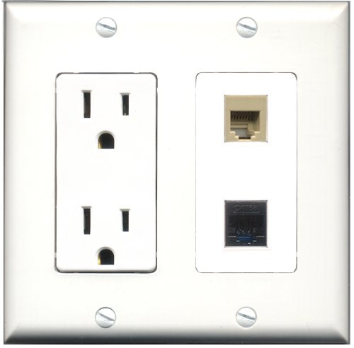 RiteAV - 15 Amp Power Outlet and 1 Port Phone RJ11 RJ12 Beige and 1 Port Cat5e Ethernet Black Decorative Type Wall Plate White