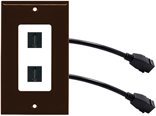 RiteAV (1 Gang Decorative) 2 HDMI Black Wall Plate w/ Pigtail Extension Cable Brown on White