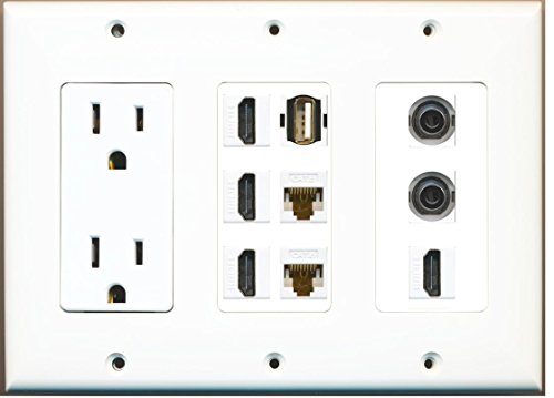RiteAV - (3 Gang) 15A Power Outlet 4 HDMI 2 Cat6 White 2 3.5mm USB A-A Wall Plate White