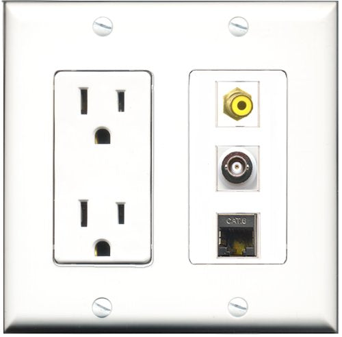 RiteAV - 15 Amp Power Outlet 1 Port RCA Yellow 1 Port Shielded Cat6 Ethernet Ethernet 1 Port BNC Decorative Wall Plate