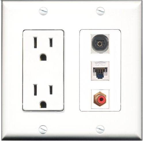 RiteAV - 15 Amp Power Outlet 1 Port RCA Red 1 Port Toslink 1 Port Cat5e Ethernet White Decorative Wall Plate