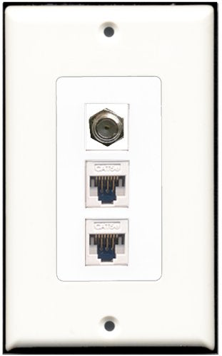RiteAV - 1 Port Coax Cable TV- F-Type 2 Port Cat5e Ethernet White Wall Plate Decorative