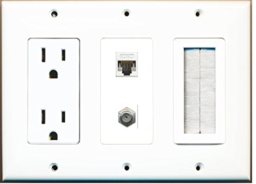 RiteAV - (3 Gang) 15A Power Outlet Mesh-Brush Coax Cat5e White Wall Plate White