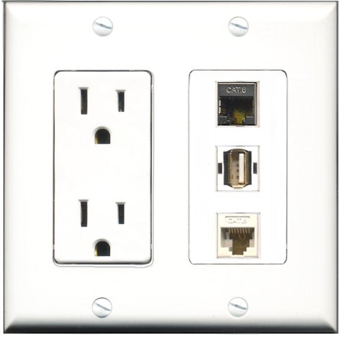 RiteAV - 15 Amp Power Outlet 1 Port USB A-A 1 Port Shielded Cat6 Ethernet Ethernet 1 Port Cat6 Ethernet Ethernet White Decorative Wall Plate