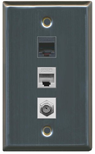 RiteAV - 1 Port Coax Cable TV- F-Type 1 Phone RJ11 RJ12 1 Cat5e Ethernet Wall Plate - Stainless Steel