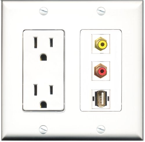 RiteAV - 15 Amp Power Outlet 1 Port RCA Red 1 Port RCA Yellow 1 Port USB A-A Decorative Wall Plate
