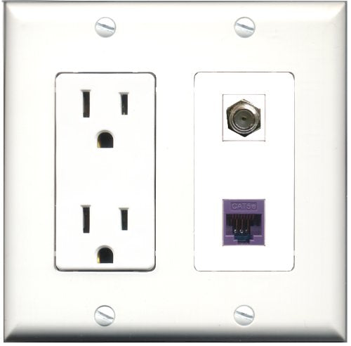 RiteAV - 15 Amp Power Outlet and 1 Port Coax Cable TV- F-Type and 1 Port Cat5e Ethernet Purple Decorative Type Wall Plate White