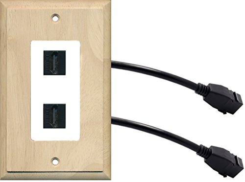 RiteAV (1 Gang Decorative) 2 HDMI Black Wall Plate w/ Pigtail Extension Cable Wood on White