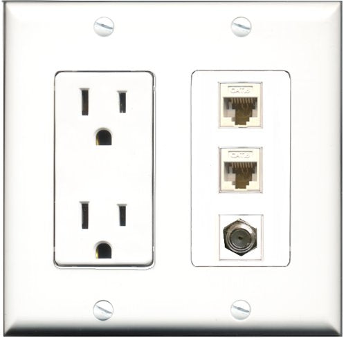RiteAV - 15 Amp Power Outlet 1 Port Coax 2 Port Cat6 Ethernet Ethernet White Decorative Wall Plate