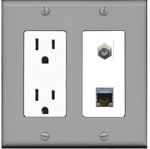 RiteAV - 15 Amp Power Outlet 1 Port Coax Cable TV- F-Type and Shielded Cat6 Ethernet Wall Plate - Gray/White