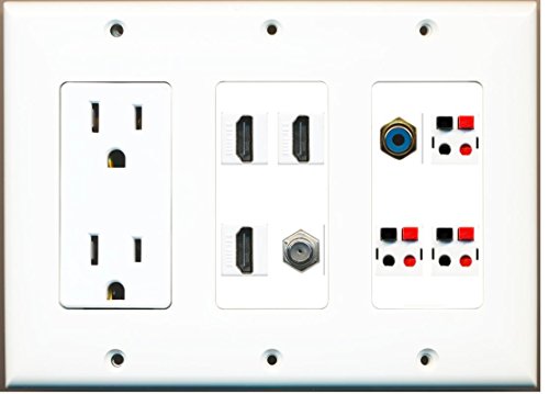 RiteAV (3 Gang) 15A Power Outlet 3 HDMI Coax RCA Blue 3 Speaker Jack Wall Plate White