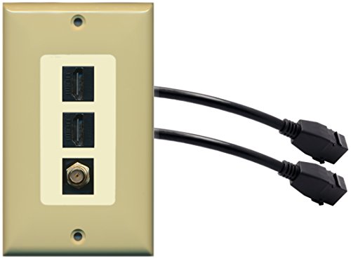 RiteAV (1 Gang Decorative) 2 HDMI Black Coax Wall Plate w/ Pigtail Extension Cable Ivory (Lt. Almond Insert)