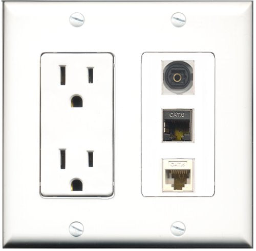 RiteAV - 15 Amp Power Outlet 1 Port Shielded Cat6 Ethernet Ethernet 1 Port Toslink 1 Port Cat6 Ethernet Ethernet White Decorative Wall Plate