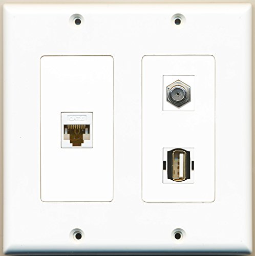RiteAV - 1 Port Coax Cable TV- F-Type 1 Port USB A-A 1 Port Cat6 Ethernet White - 2 Gang Wall Plate