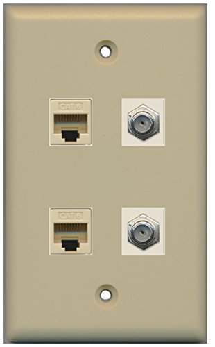 RiteAV - 2 Port Coax Cable TV- F-Type 2 Port Cat6 Ethernet Wall Plate - Ivory