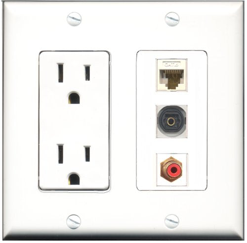 RiteAV - 15 Amp Power Outlet 1 Port RCA Red 1 Port Shielded Cat6 Ethernet Ethernet 1 Port Toslink Decorative Wall Plate