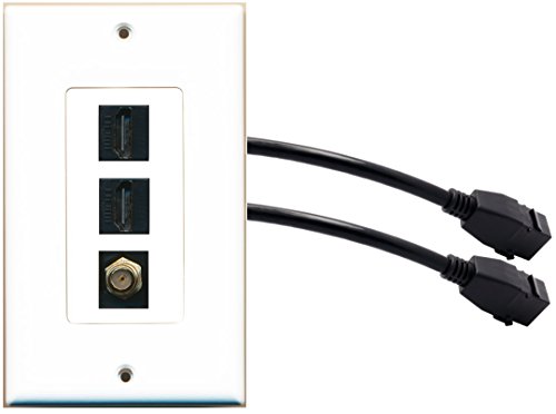 RiteAV (1 Gang Decorative) 2 HDMI Black Coax Wall Plate w/ Pigtail Extension Cable White