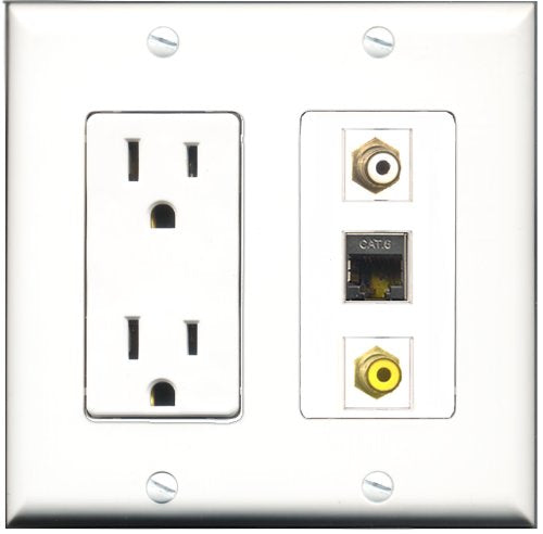 RiteAV - 15 Amp Power Outlet 1 Port RCA White 1 Port RCA Yellow 1 Port Shielded Cat6 Ethernet Ethernet Decorative Wall Plate