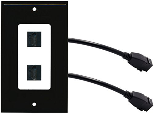 RiteAV (1 Gang Decorative) 2 HDMI Black Wall Plate w/ Pigtail Extension Cable Black on White