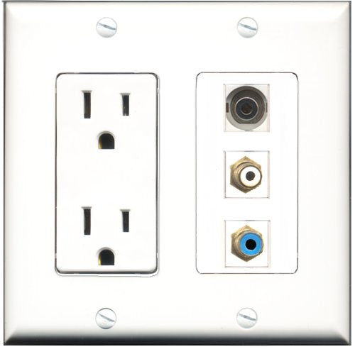 RiteAV - 15 Amp Power Outlet 1 Port RCA White 1 Port RCA Blue 1 Port 3.5mm Decorative Wall Plate
