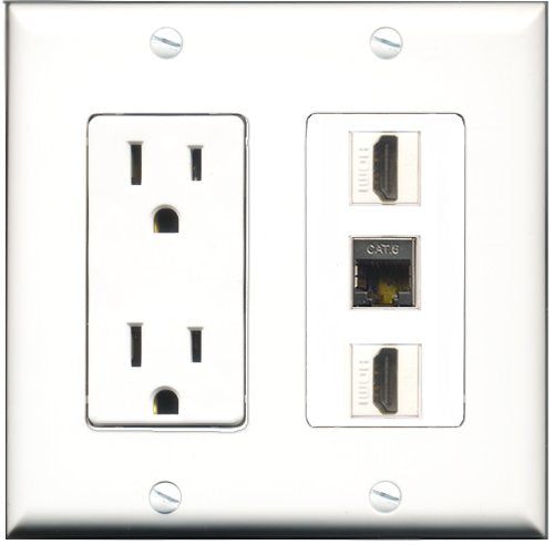 RiteAV - 15 Amp Power Outlet 2 Port HDMI 1 Port Shielded Cat6 Decorative Wall Plate - White