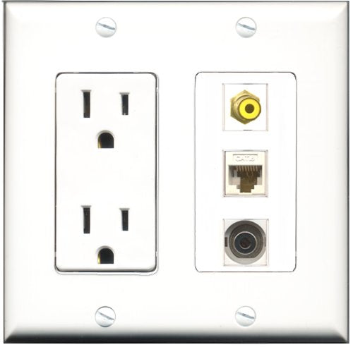 RiteAV - 15 Amp Power Outlet 1 Port RCA Yellow 1 Port 3.5mm 1 Port Cat6 Ethernet Ethernet White Decorative Wall Plate