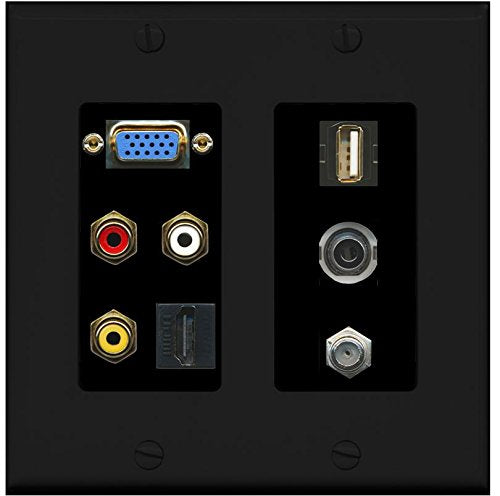 RiteAV - (2 Gang) SVGA Composite 3.5mm USB A-A HDMI Black Coax Black Wall Plate Black
