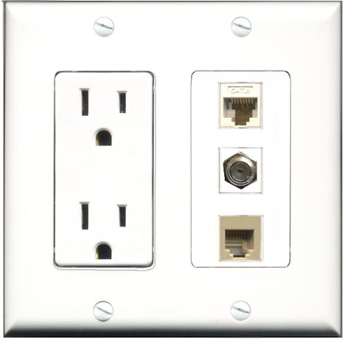 RiteAV - 15 Amp Power Outlet 1 Port Coax 1 Port Phone Beige 1 Port Cat6 Ethernet Ethernet White Decorative Wall Plate