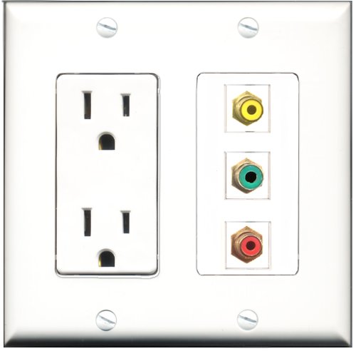 RiteAV - 15 Amp Power Outlet 1 Port RCA Red 1 Port RCA Yellow 1 Port RCA Green Decorative Wall Plate
