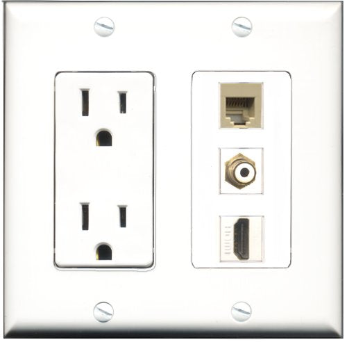 RiteAV - 15 Amp Power Outlet 1 Port HDMI 1 Port RCA White 1 Port Phone Beige Decorative Wall Plate