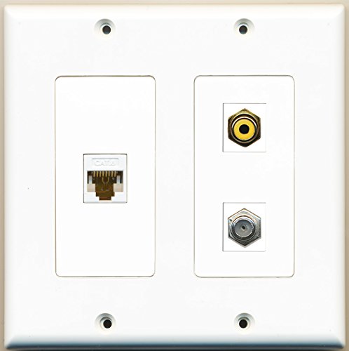 RiteAV - 1 Port RCA Yellow 1 Port Coax Cable TV- F-Type 1 Port Cat6 Ethernet White - 2 Gang Wall Plate