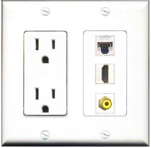 RiteAV - 15 Amp Power Outlet 1 Port HDMI 1 Port RCA Yellow 1 Port Cat5e Ethernet White Decorative Wall Plate