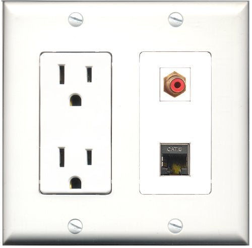 RiteAV - 15 Amp Power Outlet and 1 Port RCA Red and 1 Port Shielded Cat6 Ethernet Decorative Type Wall Plate White