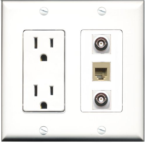 RiteAV - 15 Amp Power Outlet 1 Port Phone Beige 2 Port BNC Decorative Wall Plate