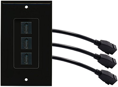 RiteAV (1 Gang Decorative) 3 HDMI Black Wall Plate w/ Pigtail Extension Cable Black