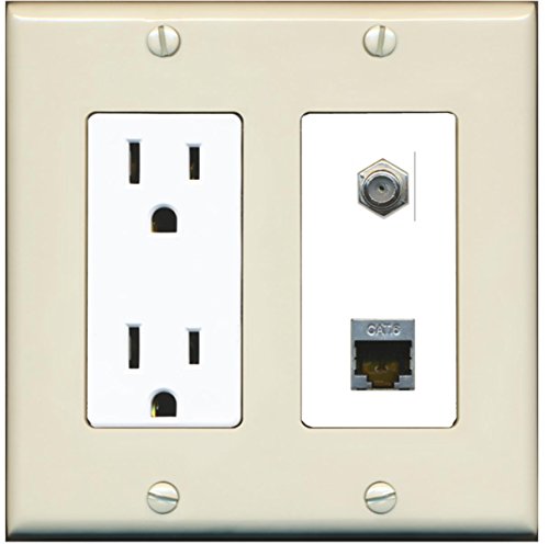 RiteAV - 15 Amp Power Outlet 1 Port Coax Cable TV- F-Type and Shielded Cat6 Ethernet Wall Plate - Light Almond/White
