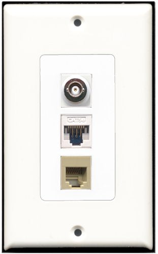 RiteAV - 1 Port Phone RJ11 RJ12 Beige 1 BNC 1 Cat5e Ethernet White Wall Plate Decorative