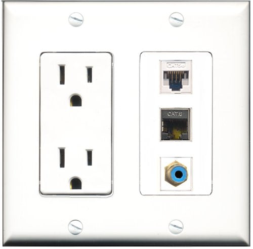 RiteAV - 15 Amp Power Outlet 1 Port RCA Blue 1 Port Shielded Cat6 Ethernet Ethernet 1 Port Cat5e Ethernet White Decorative Wall Plate