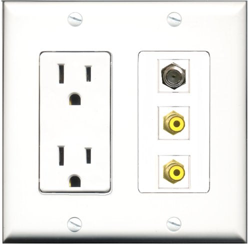 RiteAV - 15 Amp Power Outlet 2 Port RCA Yellow 1 Port Coax Decorative Wall Plate