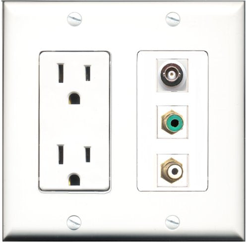RiteAV - 15 Amp Power Outlet 1 Port RCA White 1 Port RCA Green 1 Port BNC Decorative Wall Plate
