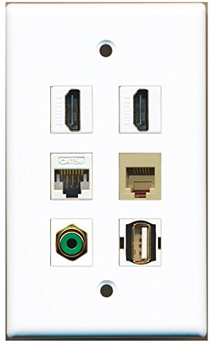 RiteAV - 2 HDMI 1 Port RCA Green 1 Port USB A-A 1 Port Phone RJ11 RJ12 Beige 1 Port Cat5e Ethernet White Wall Plate